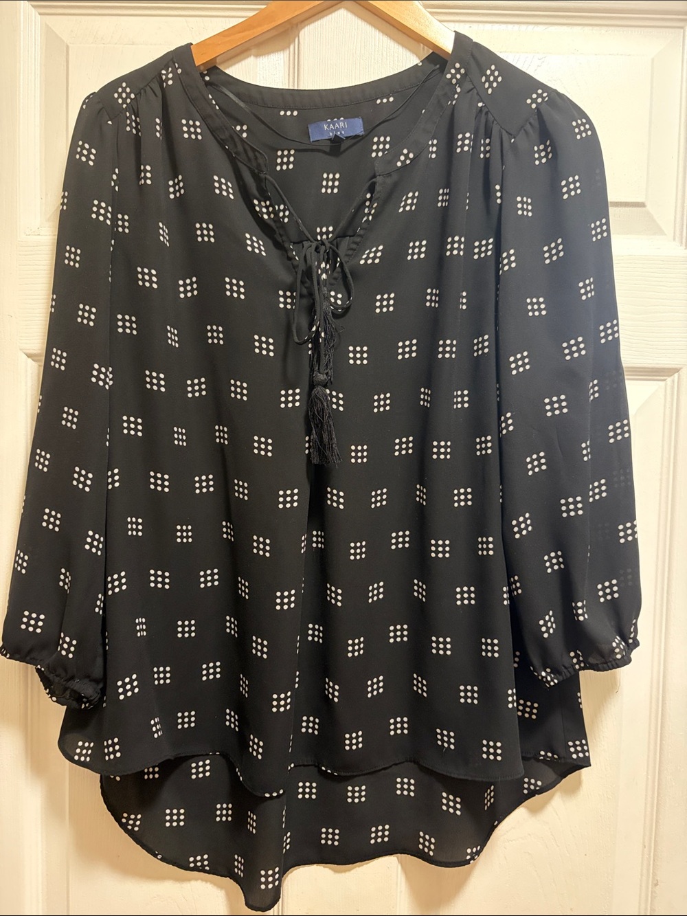 Kaari Blue Black Dot-Grid Tie-Neck Tunic